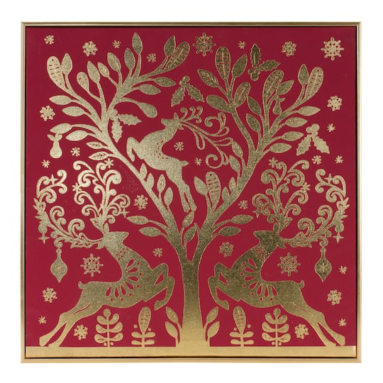 Red & Gold Framed Holiday Deer Print Décor